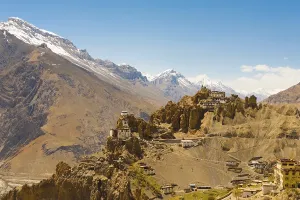 The stunning Dhankar cliff old monastery in Spiti Valley amongst the mountains of the Himalayas in Dhankar