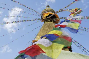 Stupa with fluttering prayer flags
