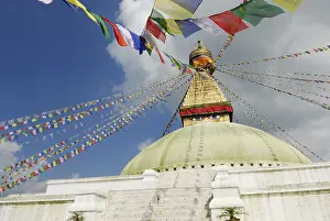 Stupa with prayer flags, eyes of Buddha