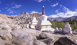 Stupas in front of Chemrey Gompa (Monastery)