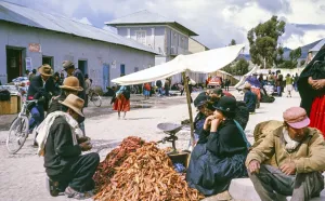 Subtitle: Border town Peru possibly Puno, Peru, South America, 1962 Street market with a pile of chilli peppers, South America