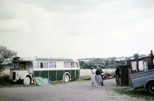 Subtitle: Gypsies living in an old bus. Norfolk, England, Great Britain around 1961