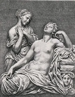 The suicide of Cleopatra, Cleopatra lies dead on her bed and is mourned by a servant