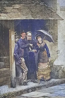 Summer holidaymakers sheltering in the rain