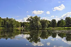 Summer landscape with lake and bridge in Gatchina park