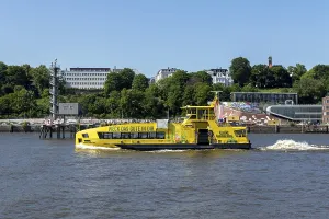 Summer, tourist attraction, ferry Grasbrook of HADAG Verkehrsbetriebe on the Elbe in the harbour of Hamburg