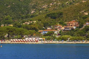 Sunbeds and parasols on the beach of Fetovaia