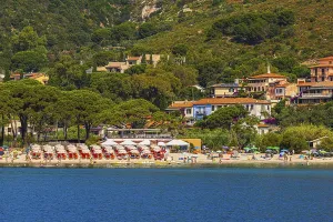 Sunbeds and parasols on the beach of Fetovaia