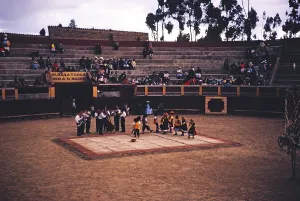 Sunday entertainment, traditional children's dance, bullring, Huancayo, Peru, South America around 1962, South America