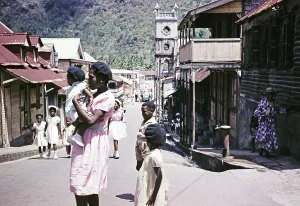 Sunday morning street children girls wearing clothes for church, Soufriere, St Lucia, Windward Islands, West Indies, 1962