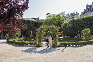 A sunny garden in the city with trees and people out for a walk