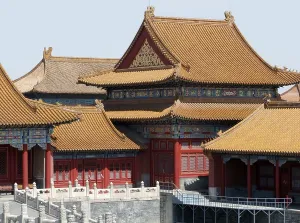 Sunny iluminated architectural scenery inside the Forbidden City in Beijing China