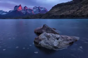 Sunrise over the Cuernos del Paine and Lago Pehoe