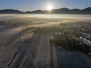Sunrise, fog, hoarfrost, mountains
