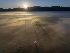 Sunrise, fog, hoarfrost, mountains
