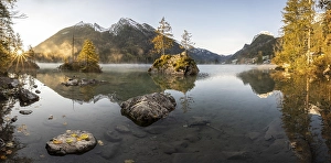 Category Mountain Landscapes Prints: Sunrise at Hintersee with fog, Hochkalter in the back