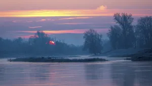 Sunrise on the Middle Elbe, winter landscape in frost