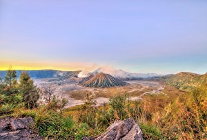 Sunrise, smoking volcano Mount Bromo, Mt