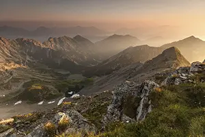 Sunrise on the Soiernspitze with a view of the Soiernsee lakes