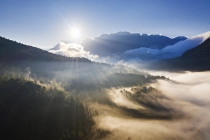 Sunrise, sunbeams in fog over forest at Ferchensee