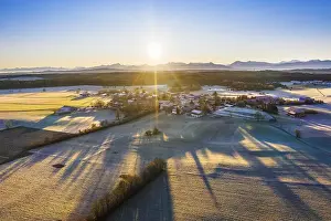 Category Mountain Landscapes Prints: Sunrise, village of Lochen near Dietramszell