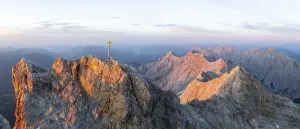 Sunset, aerial view, Zugspitze and summit cross