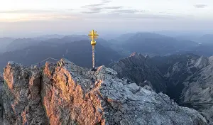 Sunset, aerial view, Zugspitze and summit cross
