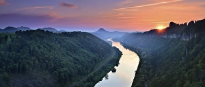 Category Mountain Landscapes Prints: Sunset in the Elbe Valley, on the right the Schrammsteine