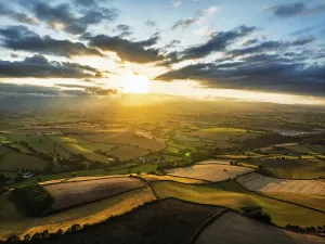 Sunset of Fields and Farms over Devon from a drone