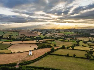 Sunset of Fields and Farms over Devon from a drone