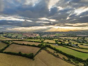Sunset of Fields and Farms over Devon from a drone