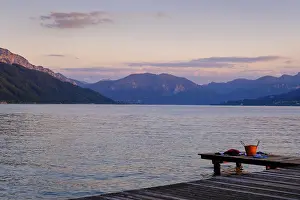 Sunset, jetty at the lido Weyregg am Attersee with Schafberg