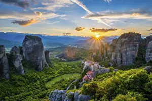 Sunset over monastery of Rousanou and Monastery of St