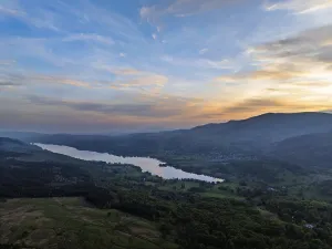 Framed Print : Sunset over Mountains and Coniston Water from drone