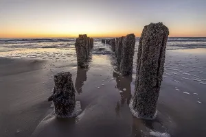 Sunset by the sea, waves, North Sea