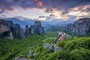 Sunset sky and monastery of Rousanou and Monastery of St