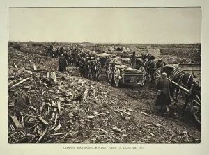 Supply convoy heading for the battlefield through bombarded terrain in Flanders during the First World War