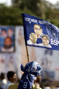Supporter of Bahujan Samaj Party BSP holding flag in parliamentary election campaign rally