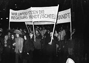 Supporters and friends of the SPD/FDP government coalition demonstrated in Bonn on 26 April 1972 with a torchlight