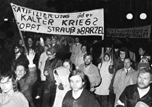 Supporters and friends of the SPD/FDP government coalition demonstrated in Bonn on 26 April 1972 with a torchlight