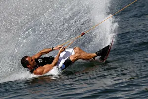 Surfer with wakeboard, Nordstrand lake near Erfurt