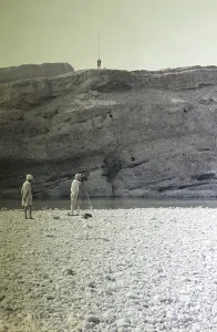 Survey work on the dry riverbed of the Nai Gaj Gorge at low water, assessment of the possibility of damming the river, Sindh, Pakistan 1962