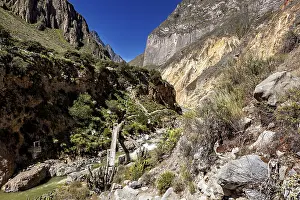 Suspension bridge spans river in deeply cut gorge with steep rocks