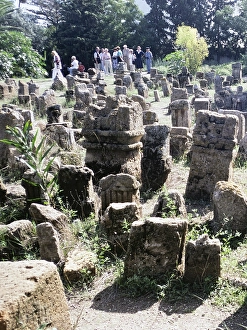 Swan Hellenic tour group visiting Roman tombstones in Carthage, Tunis, Tunisia, 1998, Africa