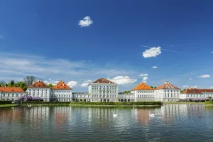 Swans in artificial pool in front of the Nymphenburg Palace