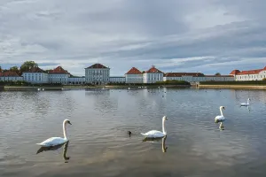 Swans in pond in front of the Nymphenburg Palace