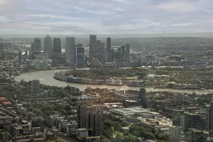 Sweeping views of London with the River Thames and modern skyscrapers on the horizon