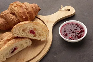 Sweet croissants with jam close up
