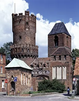 Tangermuende, Neustaedter Tor and tower of the former Nikolaikirche church