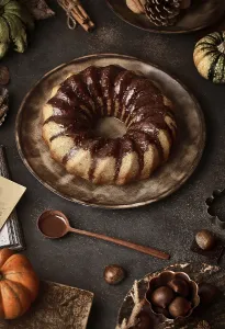 From above tasty appetizing pumpkin cake with chocolate cream on table decorated with autumn vegetables